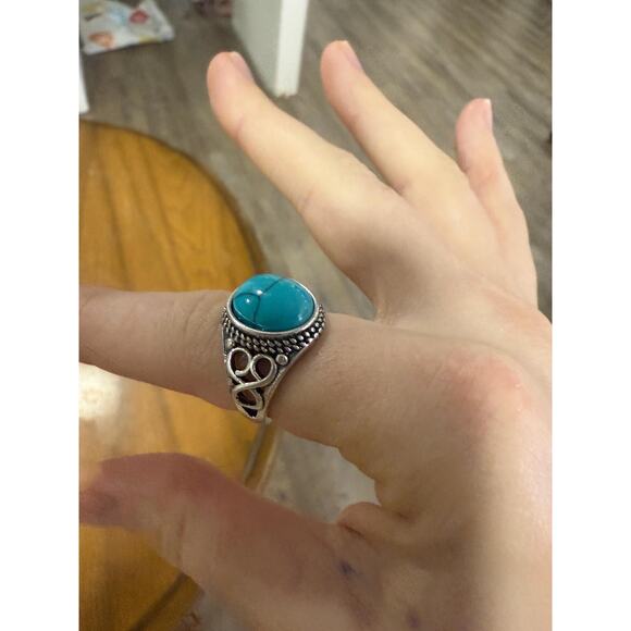 Celtic Blue Oval Faux Silver Turquoise Stone ring Size 6 - Picture 7 of 7